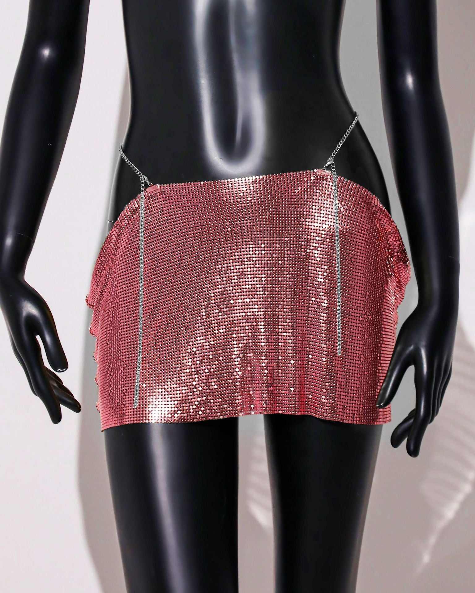 Image of Womens Sequin Skirt Mini Skirt Rave Dance Low Waist Metal Chains Waistband Skirt Club Party Skirts - Rose Gold / free